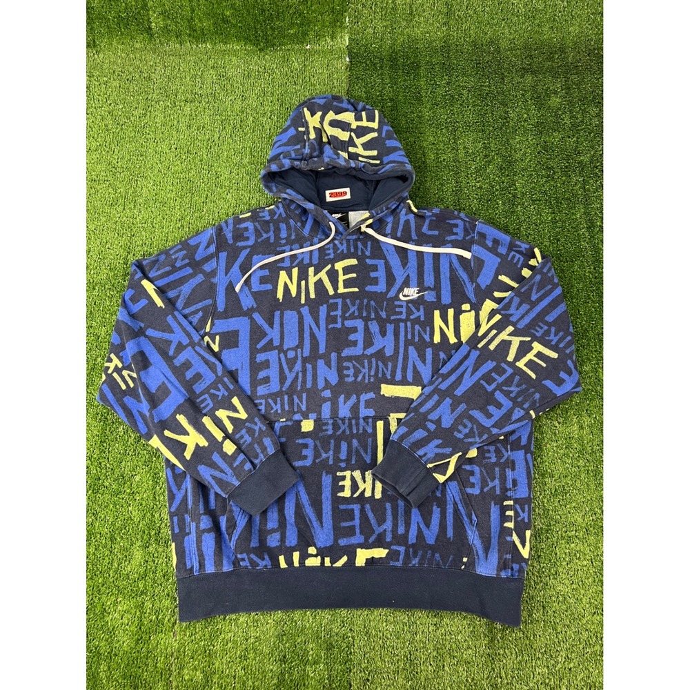 Nike Mens XL Navy Blue Yellow All Over Print Logo Pullover Hoodie Sweatshirt